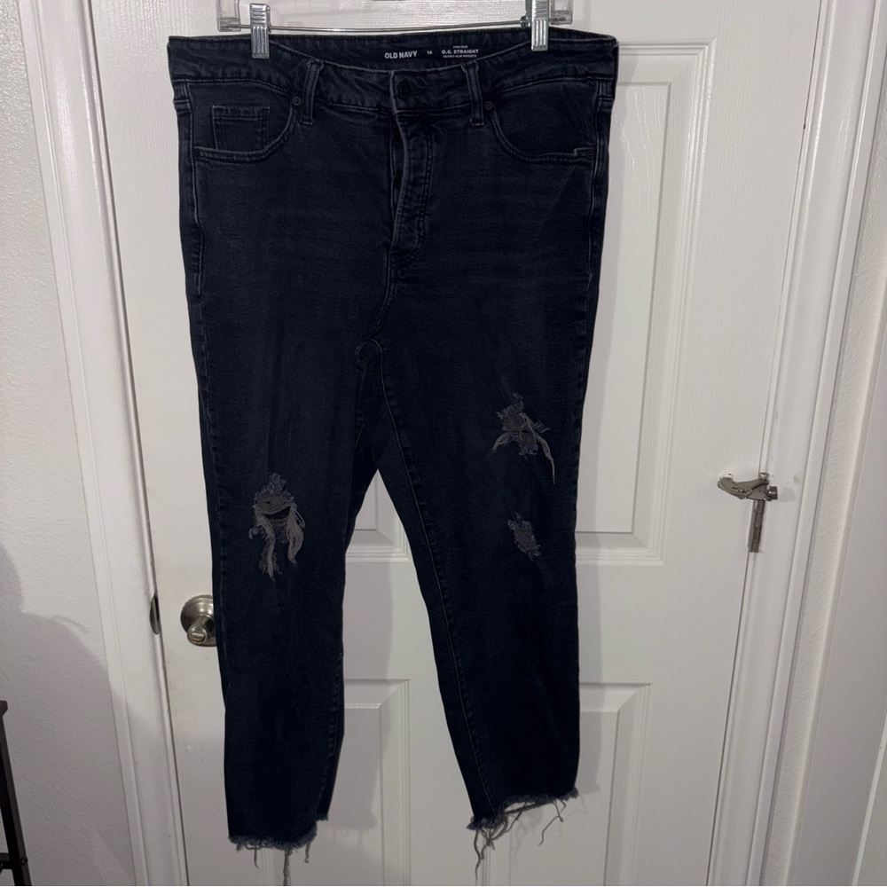 Women's Old Navy High Rise O.G. Straight Black Distressed Jeans 14